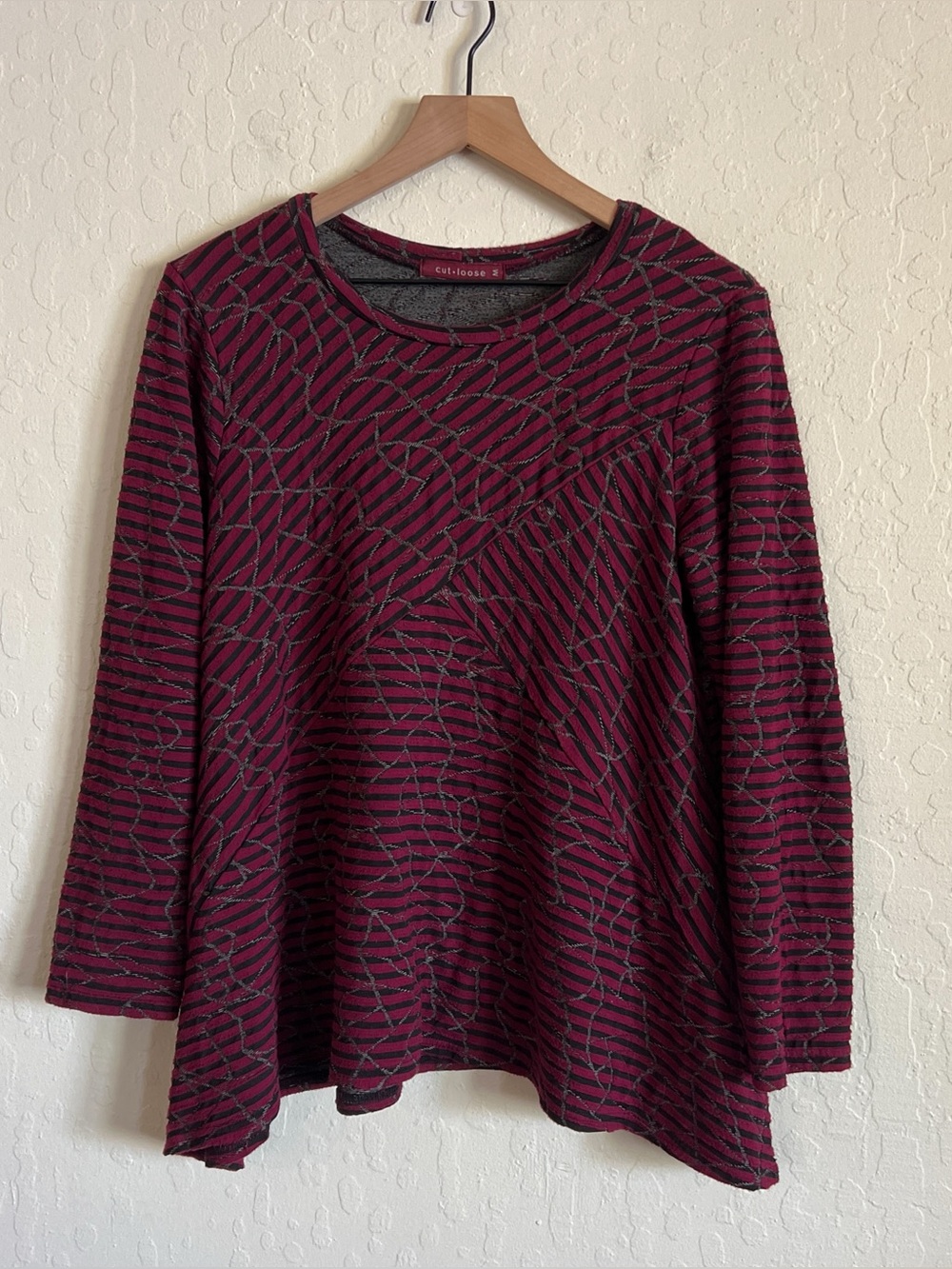 Cut Loose Textured Stripe Asymmetric Long Sleeve Blouse Top Medium Lagenlook